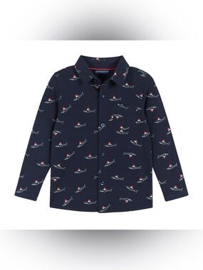 Andy & Evan Navy Shark-Print Knit Pique Buttondown shirt and pant set